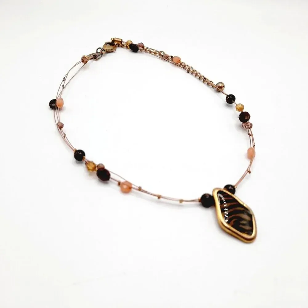 Vintage Chico's Animal Print Pendant Beaded Wire Necklace, 20 Inches